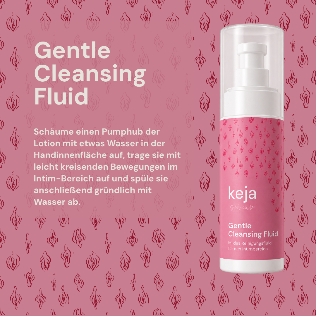 Anwendung des keja Gentle Cleansing Fluid: einen Pumphub mit Wasser aufschäumen, kreisend im Intimbereich auftragen und gründlich abspülen