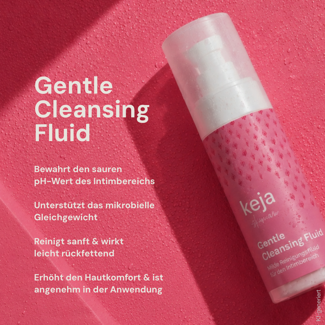 Vorteile des keja Gentle Cleansing Fluid: bewahrt den sauren pH-Wert, unterstützt das mikrobielle Gleichgewicht, reinigt sanft und wirkt leicht rückfettend (KI-generiertes Bild)
