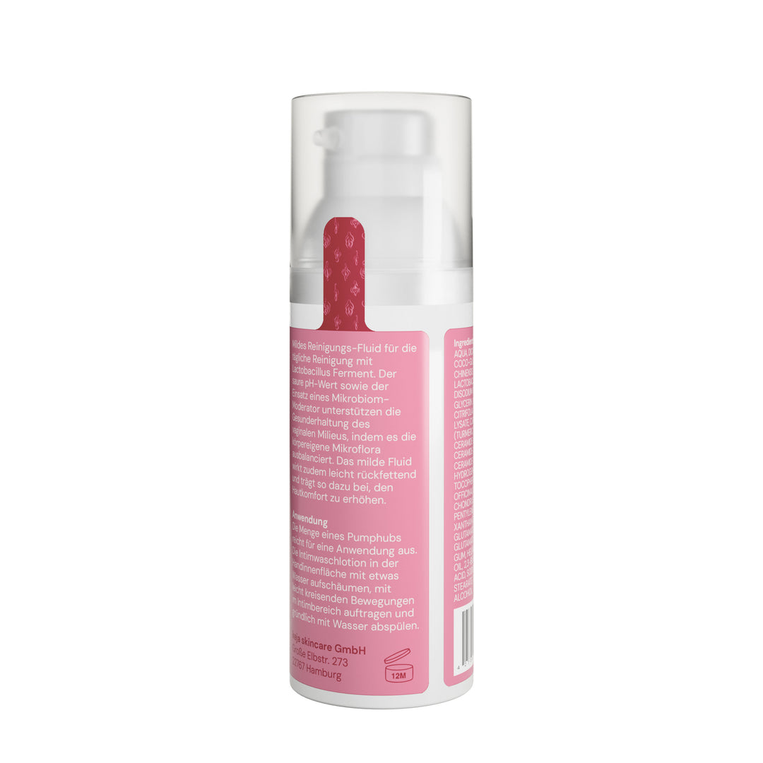keja Gentle Cleansing Fluid, Rückseite mit Produktbeschreibung, Anwendung und Inhaltsstoffen, freigestellt auf weißem Grund