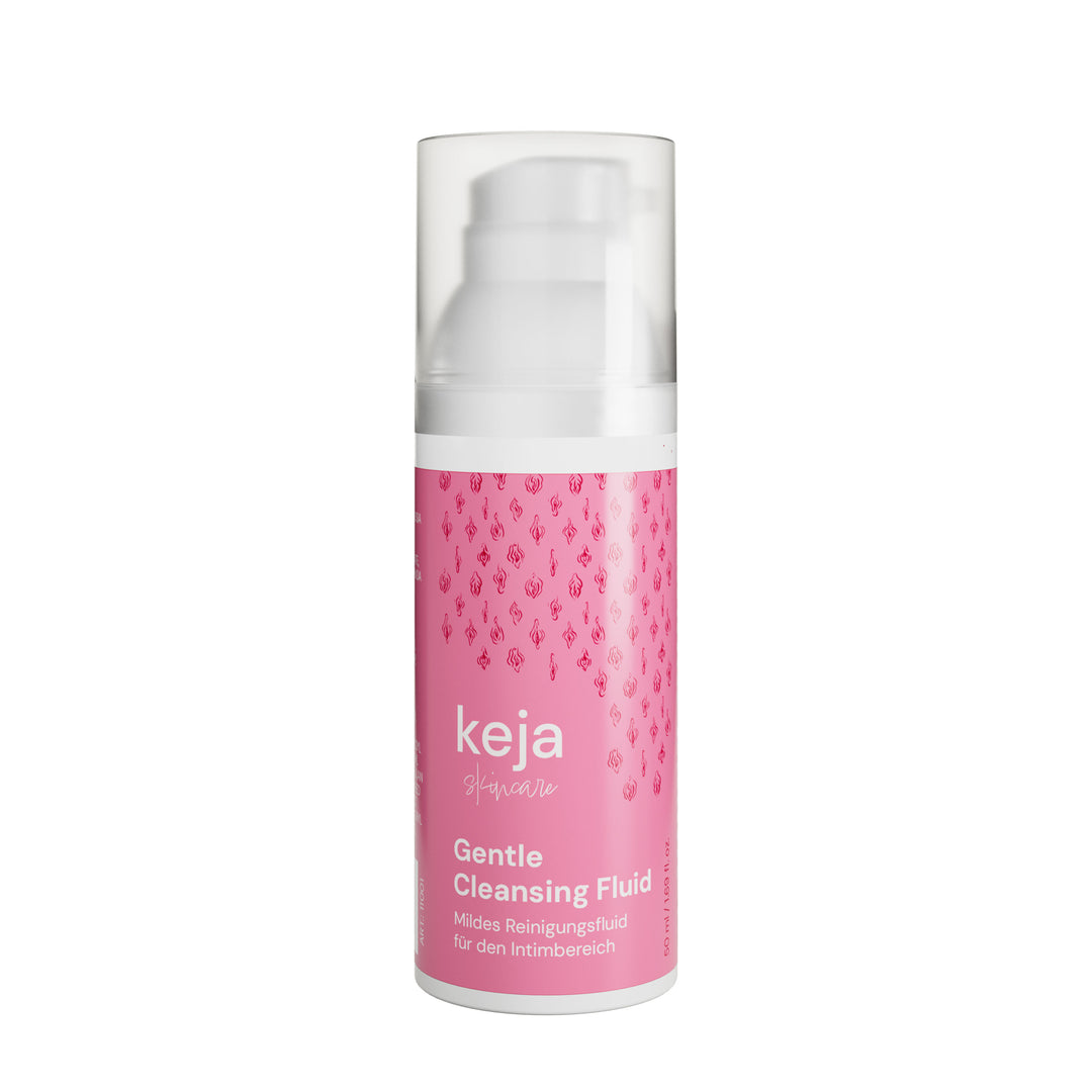 keja Gentle Cleansing Fluid, 50 ml Spender mit rosa Etikett, freigestellt auf weißem Grund – Vorderseite