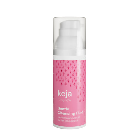 keja Gentle Cleansing Fluid, 50 ml Spender mit rosa Etikett, freigestellt auf weißem Grund – Vorderseite