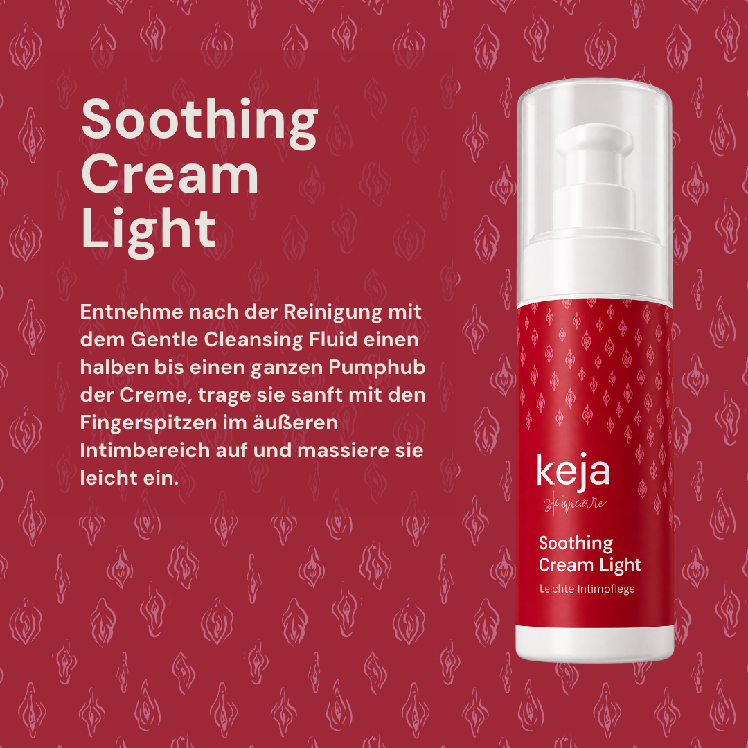 Anwendung der keja Soothing Cream Light: nach der Reinigung einen halben bis ganzen Pumphub mit den Fingerspitzen im äußeren Intimbereich auftragen und leicht einmassieren