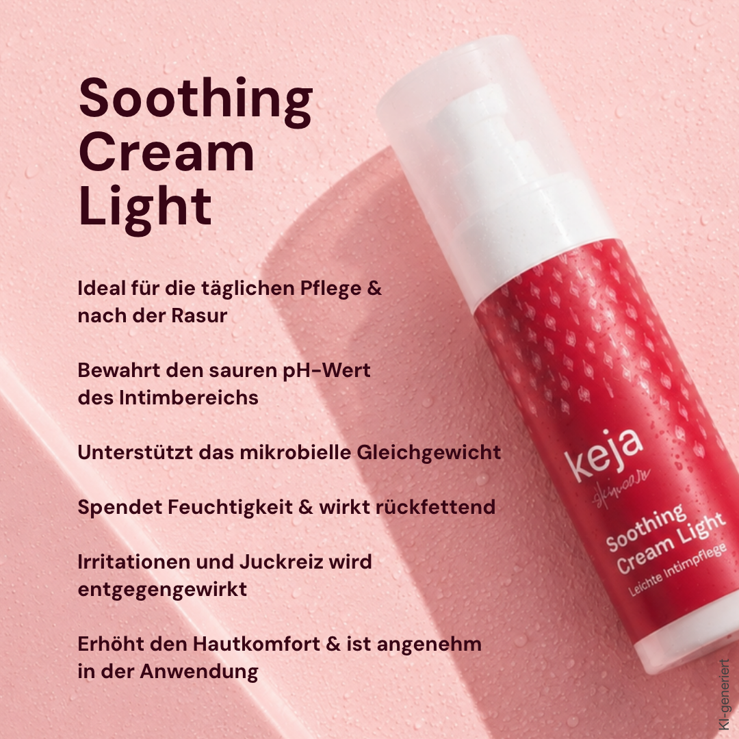 Vorteile der keja Soothing Cream Light: ideal für die tägliche Pflege und nach der Rasur, bewahrt den sauren pH-Wert, spendet Feuchtigkeit und wirkt rückfettend (KI-generiertes Bild)