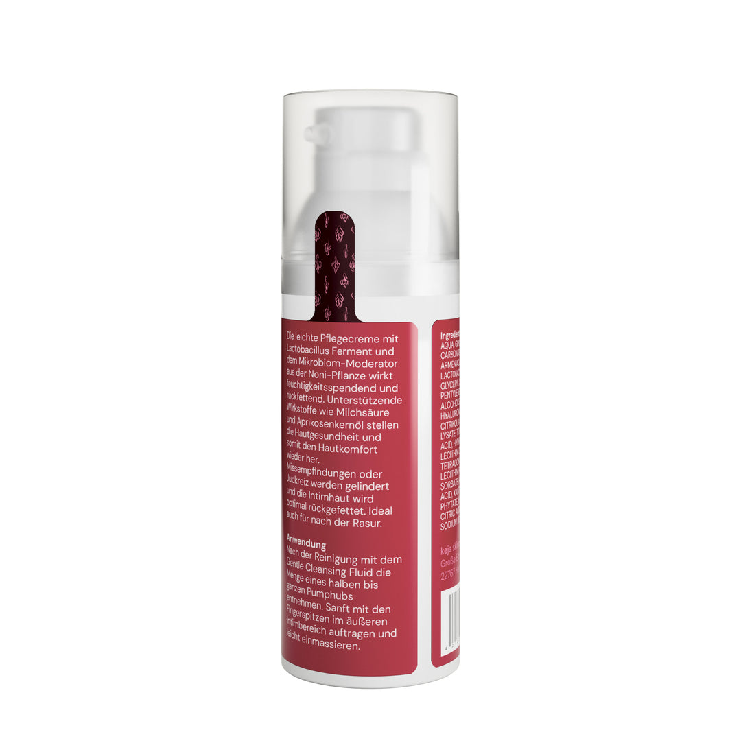 keja Soothing Cream Light, Rückseite mit Produktbeschreibung, Anwendung und Inhaltsstoffen, freigestellt auf weißem Grund