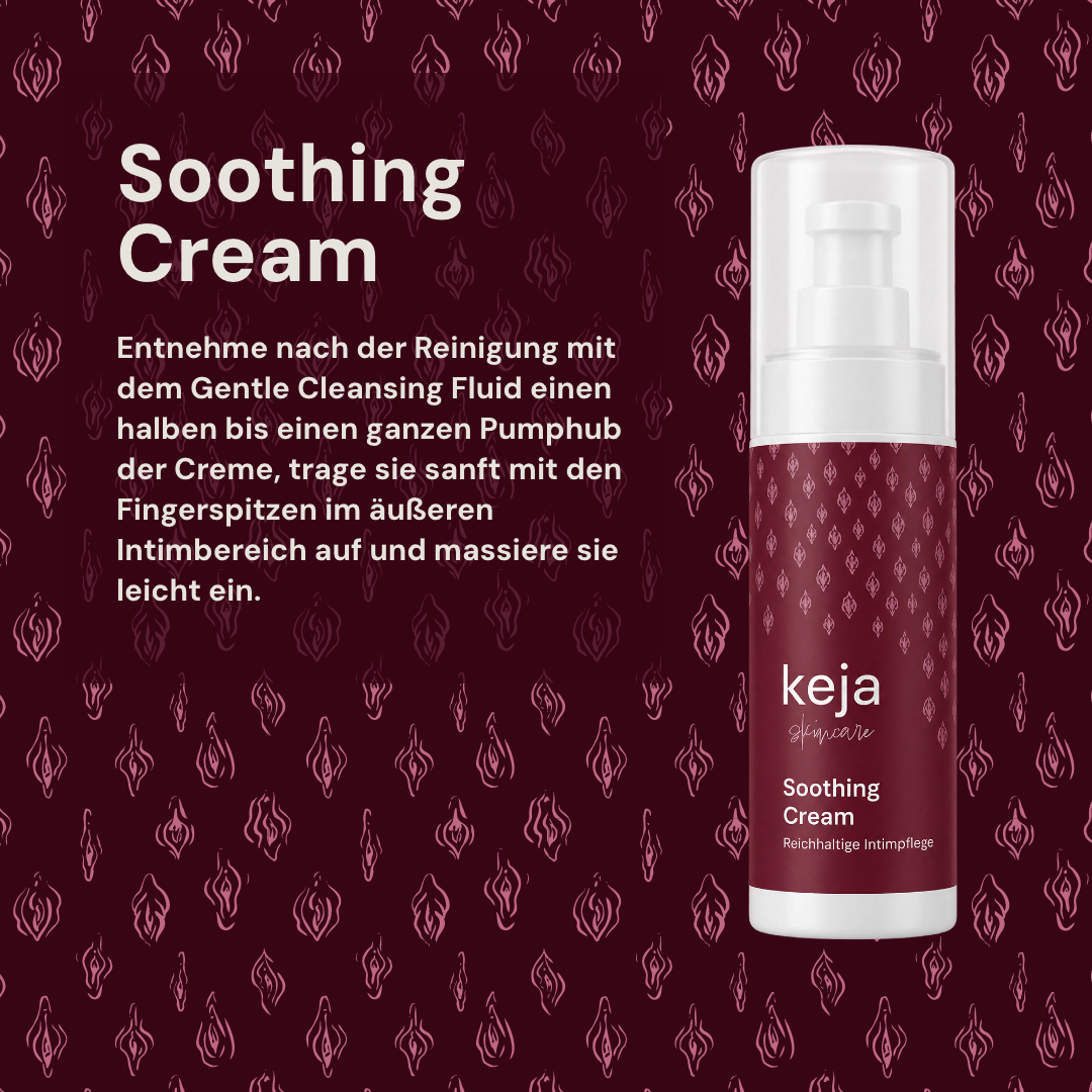 Anwendung der keja Soothing Cream: nach der Reinigung einen halben bis ganzen Pumphub mit den Fingerspitzen im äußeren Intimbereich auftragen und leicht einmassieren