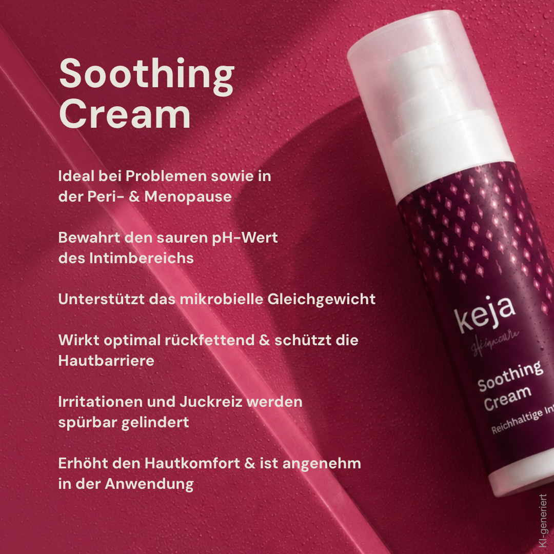 Vorteile der keja Soothing Cream: ideal bei Problemen sowie in der Peri- und Menopause, wirkt rückfettend, schützt die Hautbarriere und lindert Irritationen (KI-generiertes Bild)