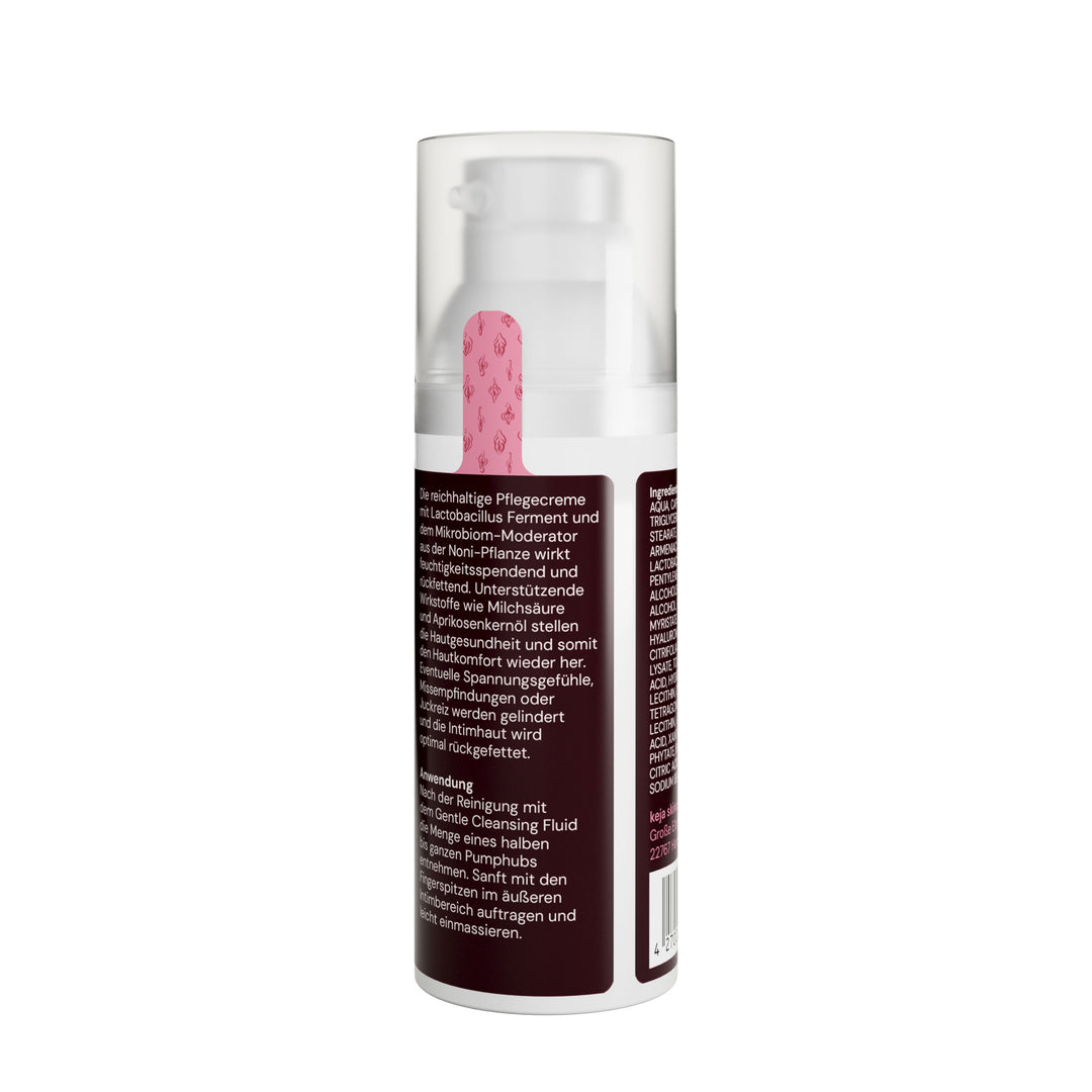 keja Soothing Cream, Rückseite mit Produktbeschreibung, Anwendung und Inhaltsstoffen, freigestellt auf weißem Grund