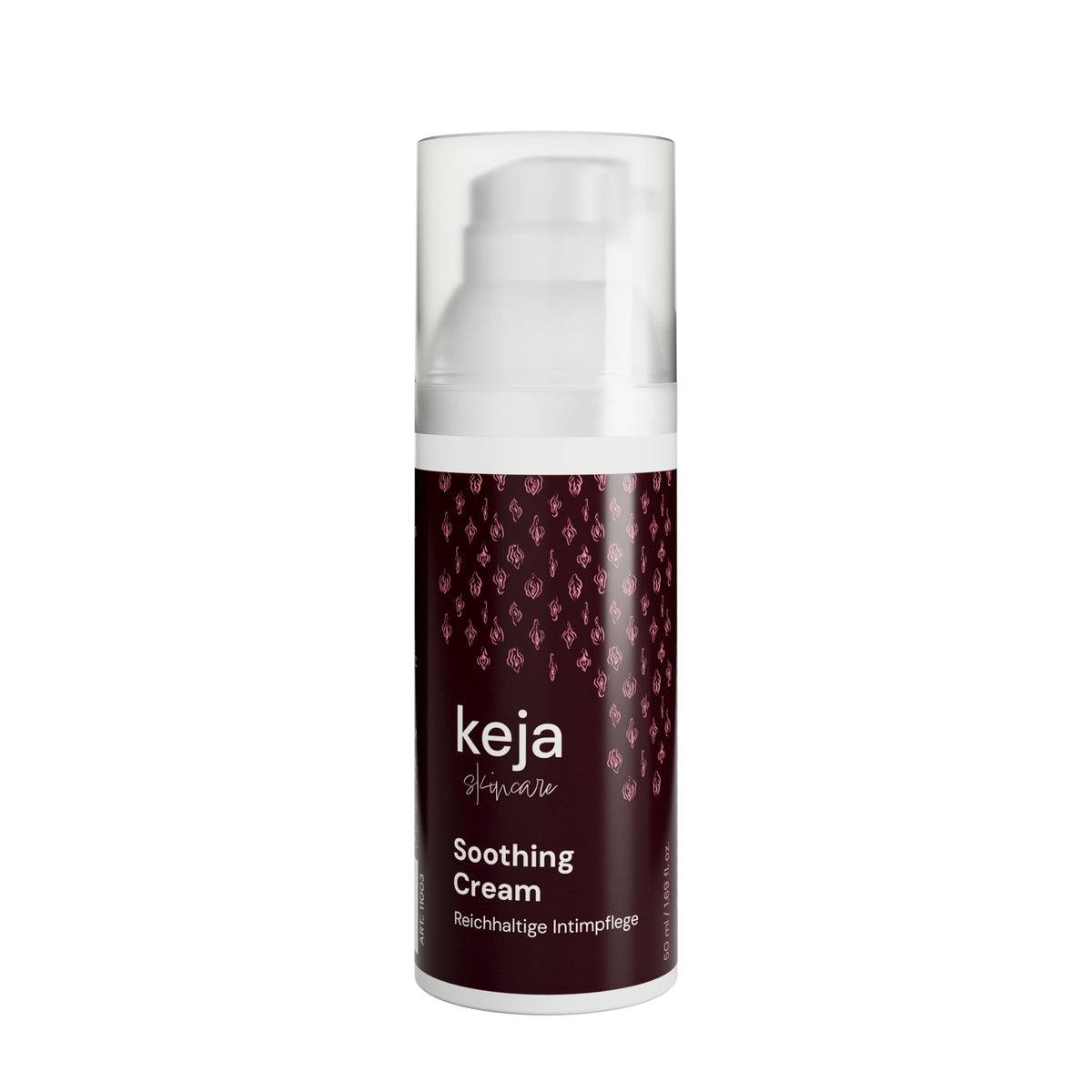 keja Soothing Cream, 50 ml Spender mit dunkelrotem Etikett, freigestellt auf weißem Grund – Vorderseite