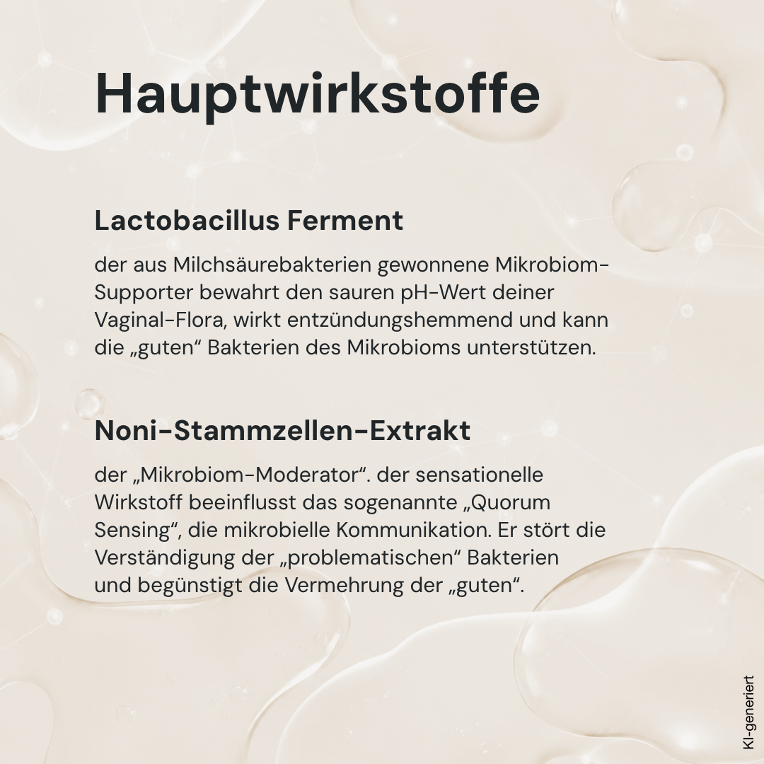 Hauptwirkstoffe von keja: Lactobacillus Ferment als Mikrobiom-Supporter und Noni-Stammzellen-Extrakt als Mikrobiom-Moderator (KI-generiertes Bild)
