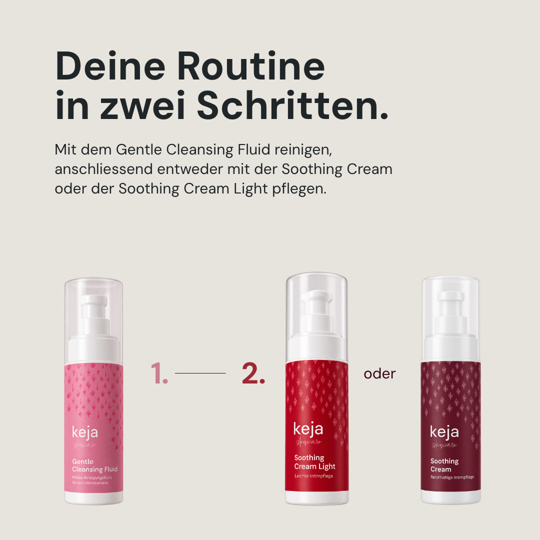 Die keja Pflegeroutine in zwei Schritten: mit dem Gentle Cleansing Fluid reinigen, anschließend mit Soothing Cream oder Soothing Cream Light pflegen