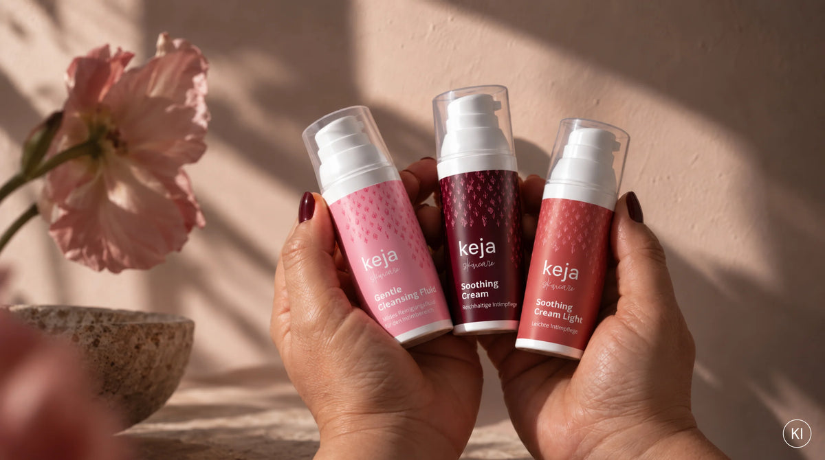 Zwei Hände halten Gentle Cleansing Fluid, Soothing Cream und Soothing Cream Light
