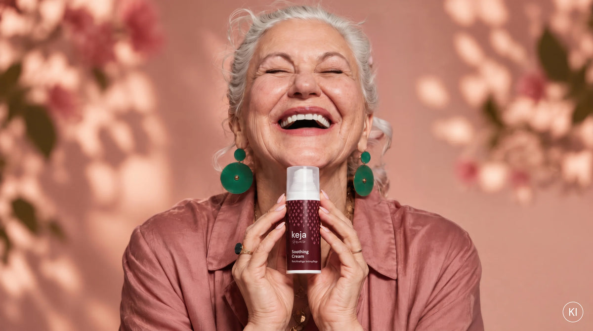 Lachende Frau mit grauem Haar hält die keja Soothing Cream, Blütenschatten